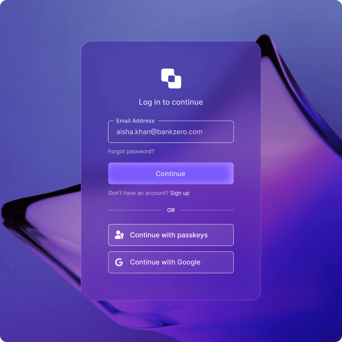 An agent sign-in screen reading 'Log in to continue' with an email field, a Continue button, and options to continue with passkeys or Google.