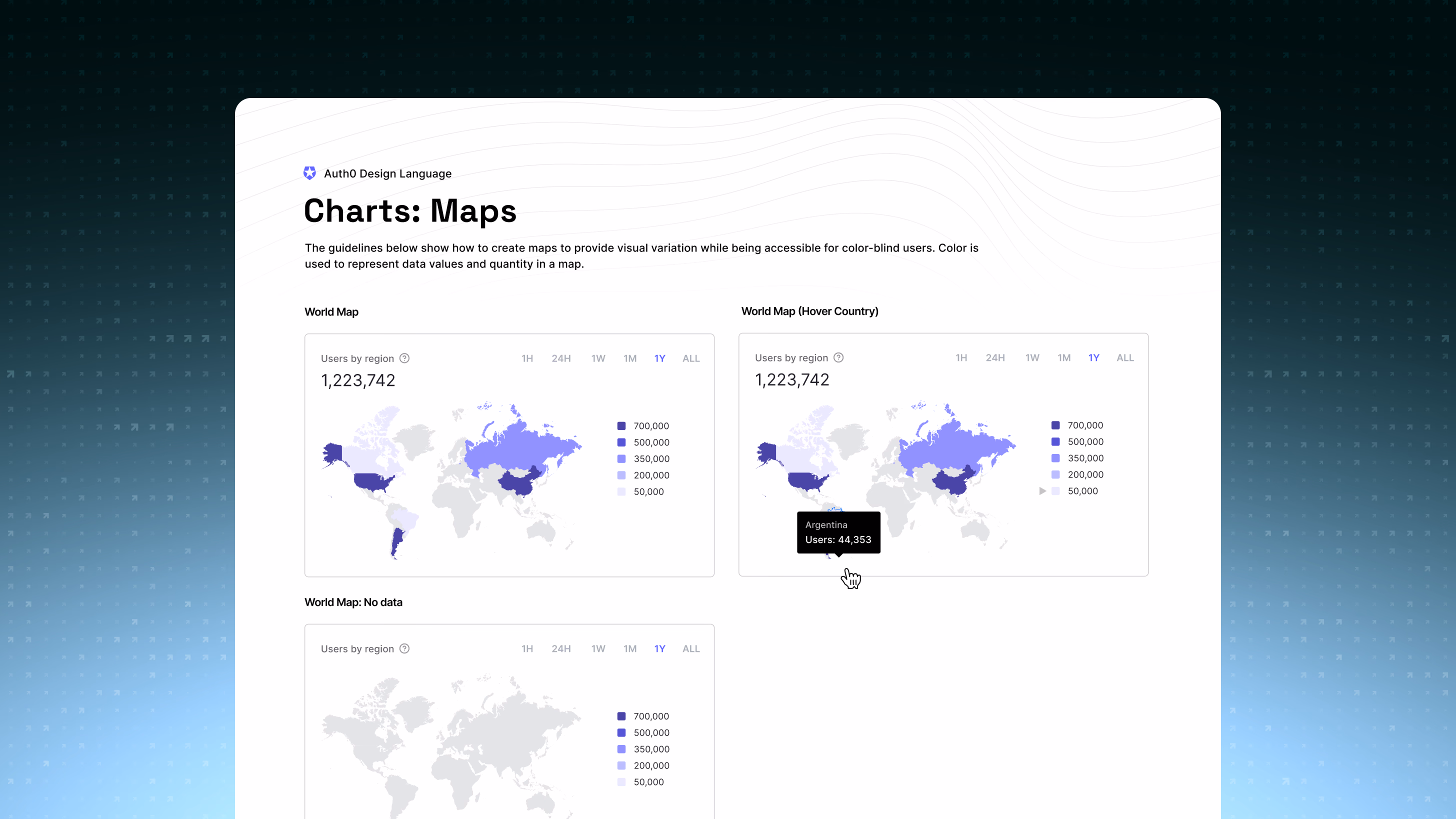 Map chart guidelines showing a world map of users by region with a color-scale legend designed for color-blind accessibility, a hover state with a country tooltip, and a no-data state.