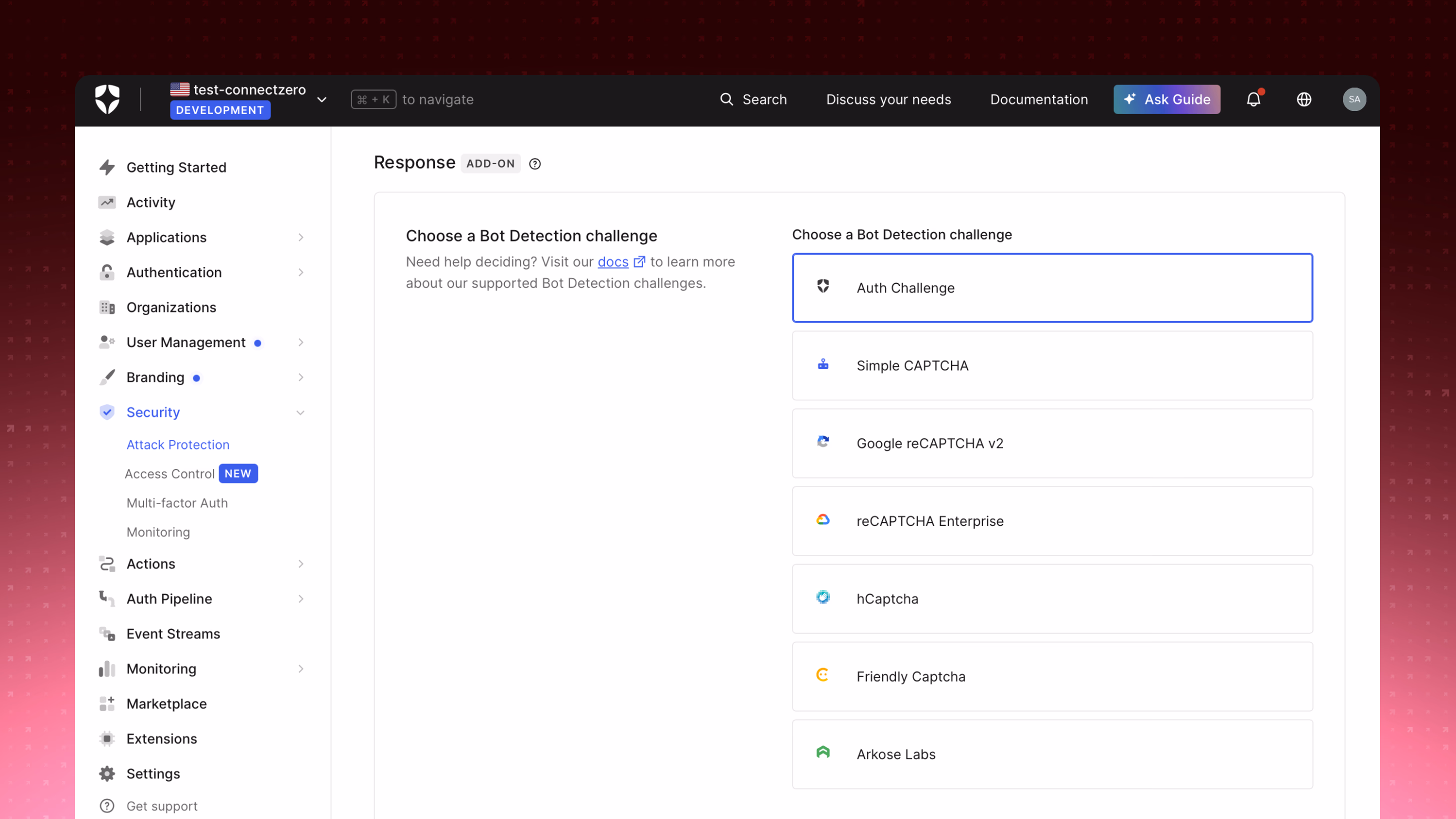 The Bot Detection response settings showing a list of challenge options to choose from: Auth Challenge (selected), Simple CAPTCHA, Google reCAPTCHA v2, reCAPTCHA Enterprise, hCaptcha, Friendly Captcha, and Arkose Labs.