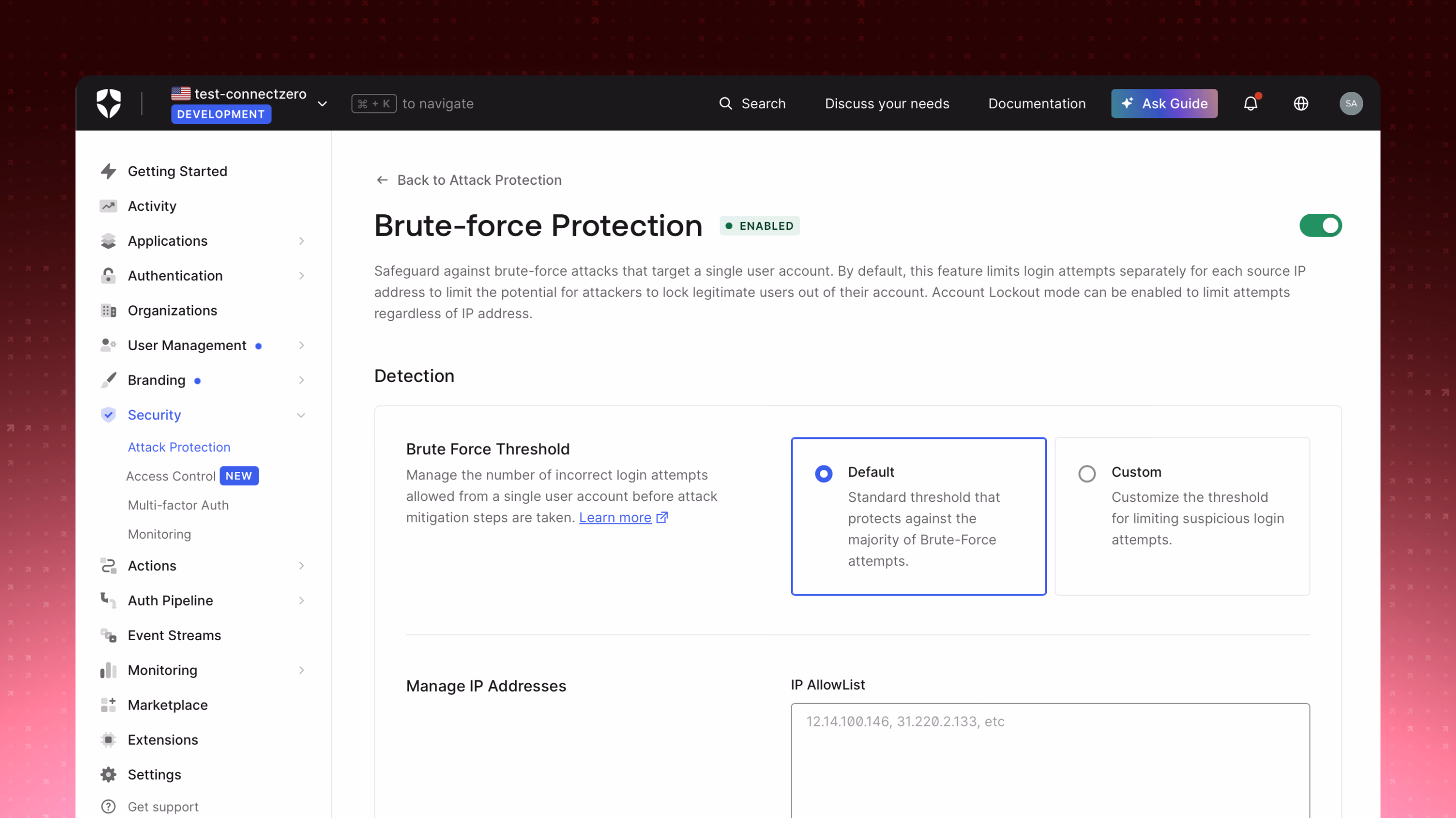 The Brute-force Protection configuration page showing a Default or Custom brute-force threshold choice and an IP AllowList field for exempting trusted addresses.
