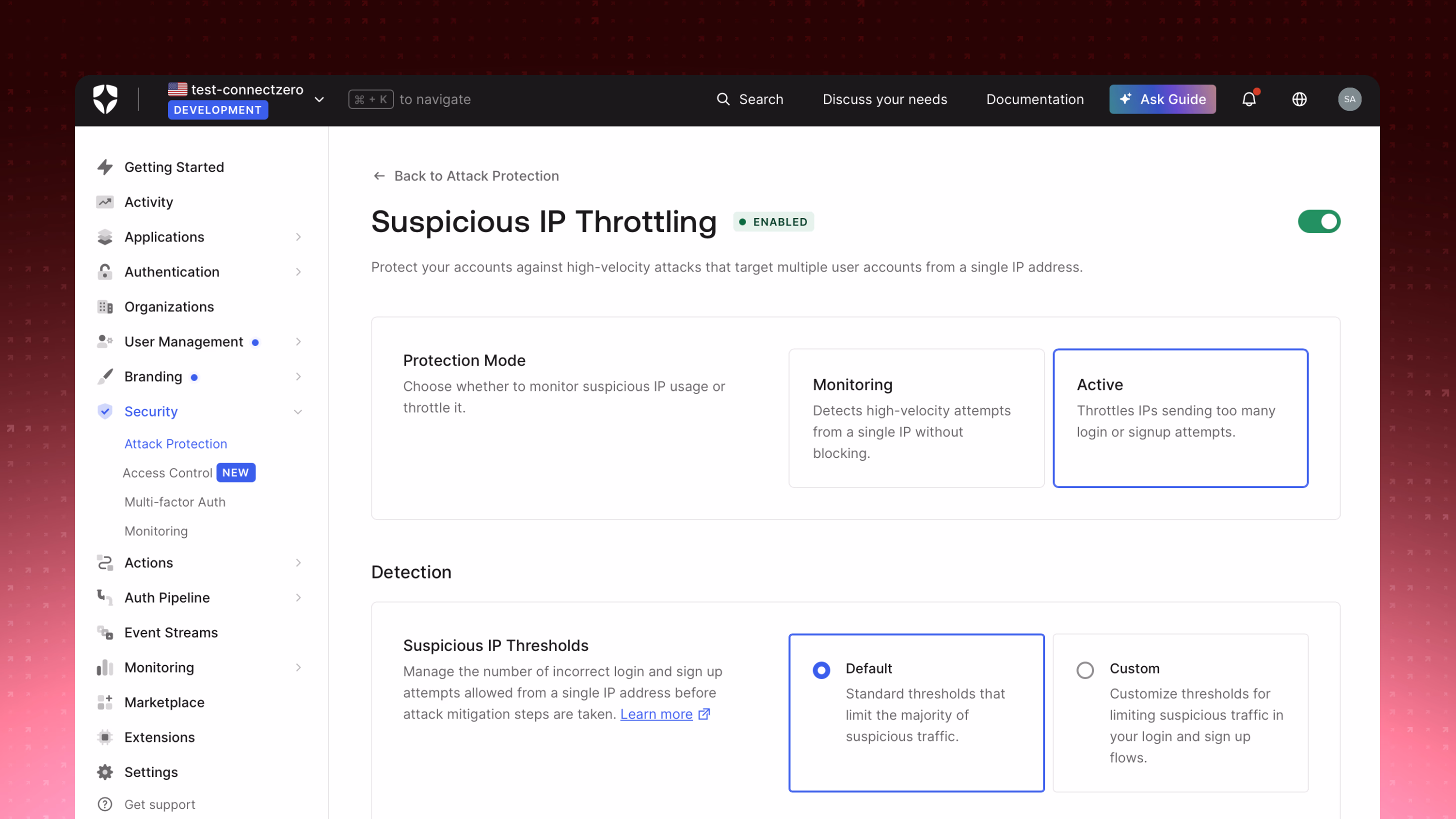 The Suspicious IP Throttling configuration page with a Protection Mode choice between Monitoring and Active (Active selected), and a Detection section offering Default or Custom suspicious-IP thresholds, each option describing its effect.