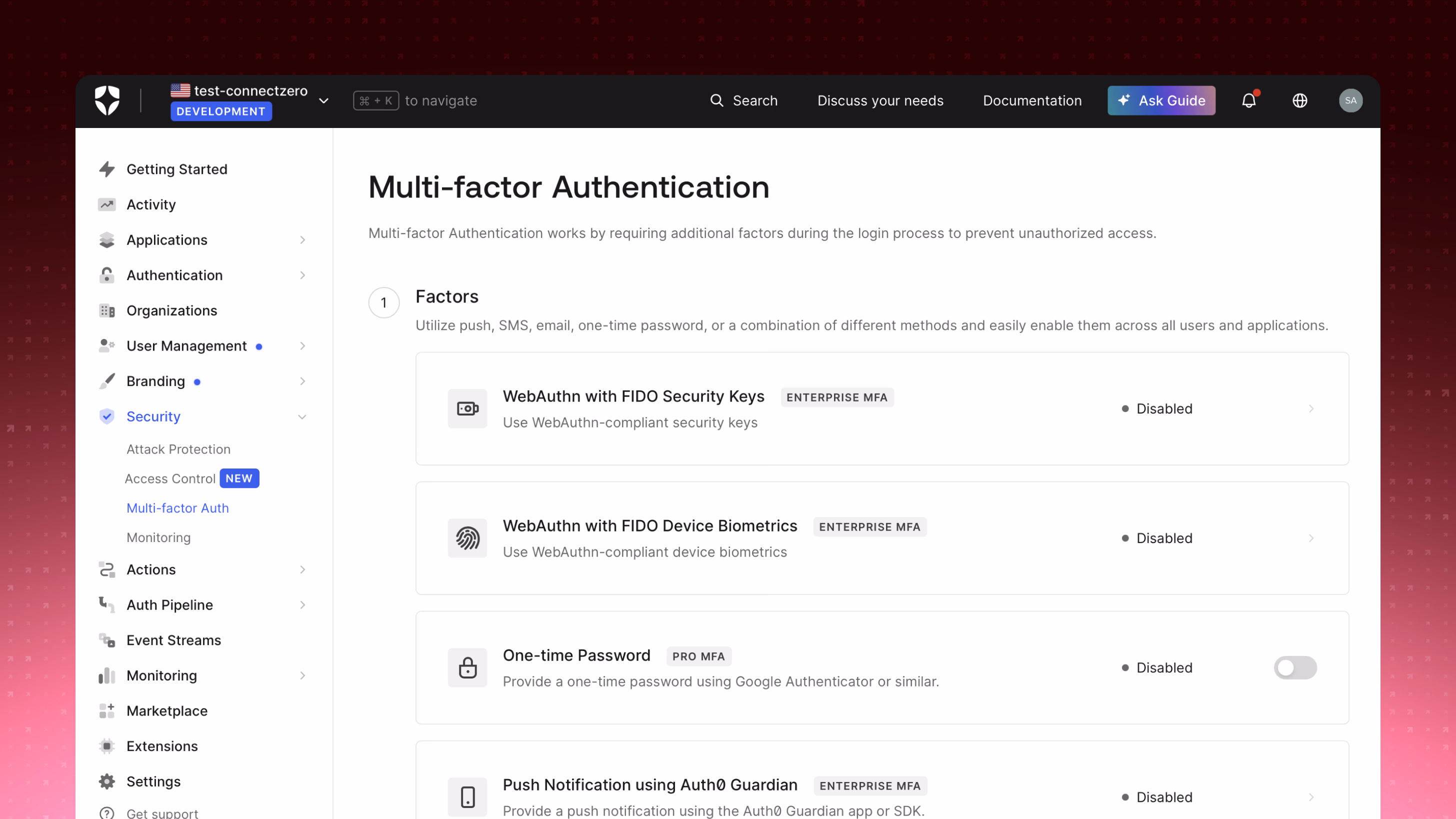 The Multi-factor Authentication settings page showing a Factors list: WebAuthn with FIDO security keys, WebAuthn with FIDO device biometrics, one-time password, and push notification using Auth0 Guardian, each with an enablement state.
