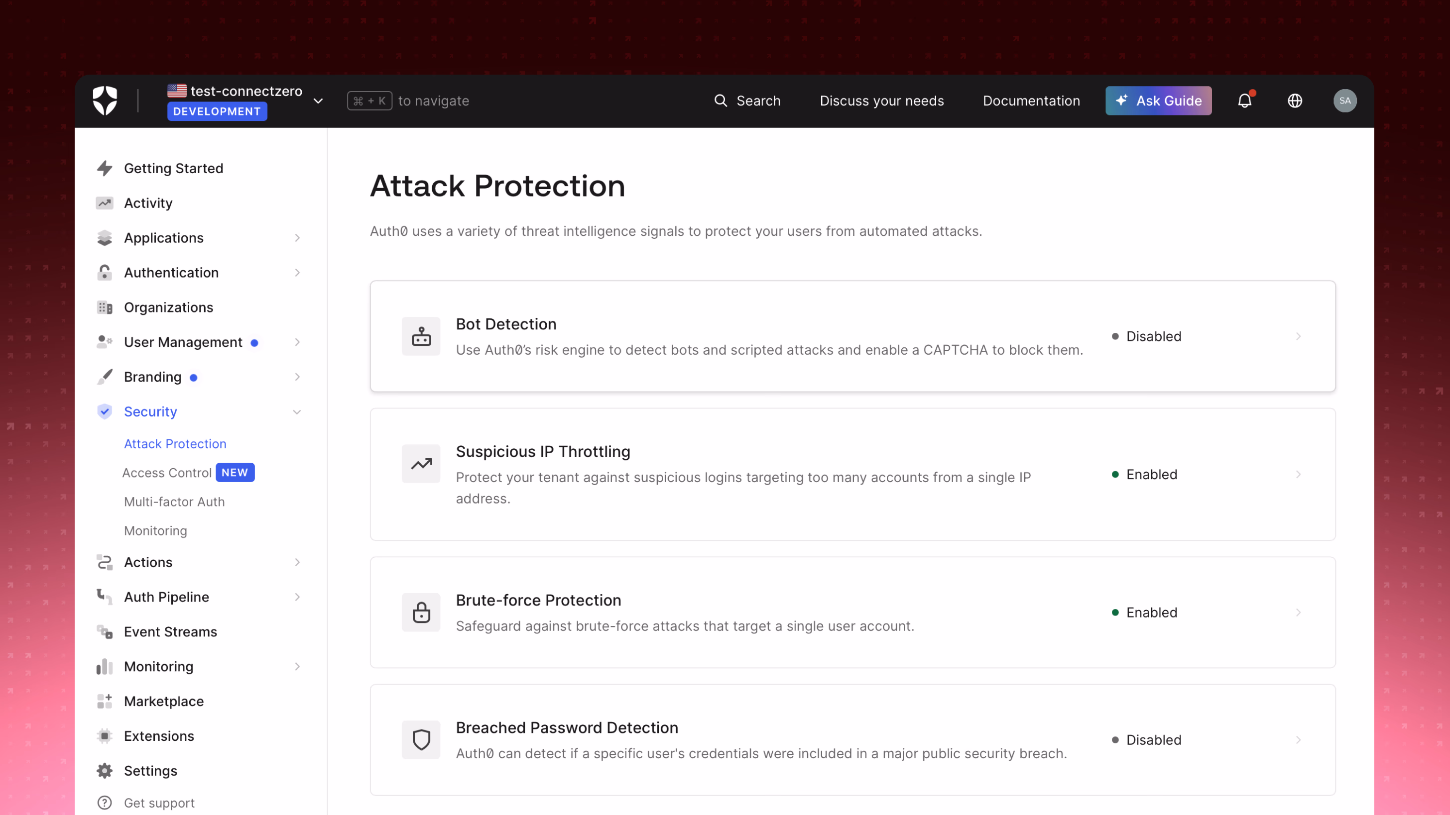 The Auth0 Attack Protection page with a left-hand Security navigation, listing Bot Detection (disabled), Suspicious IP Throttling (enabled), Brute-force Protection (enabled), and Breached Password Detection (disabled), each with a short description and status.