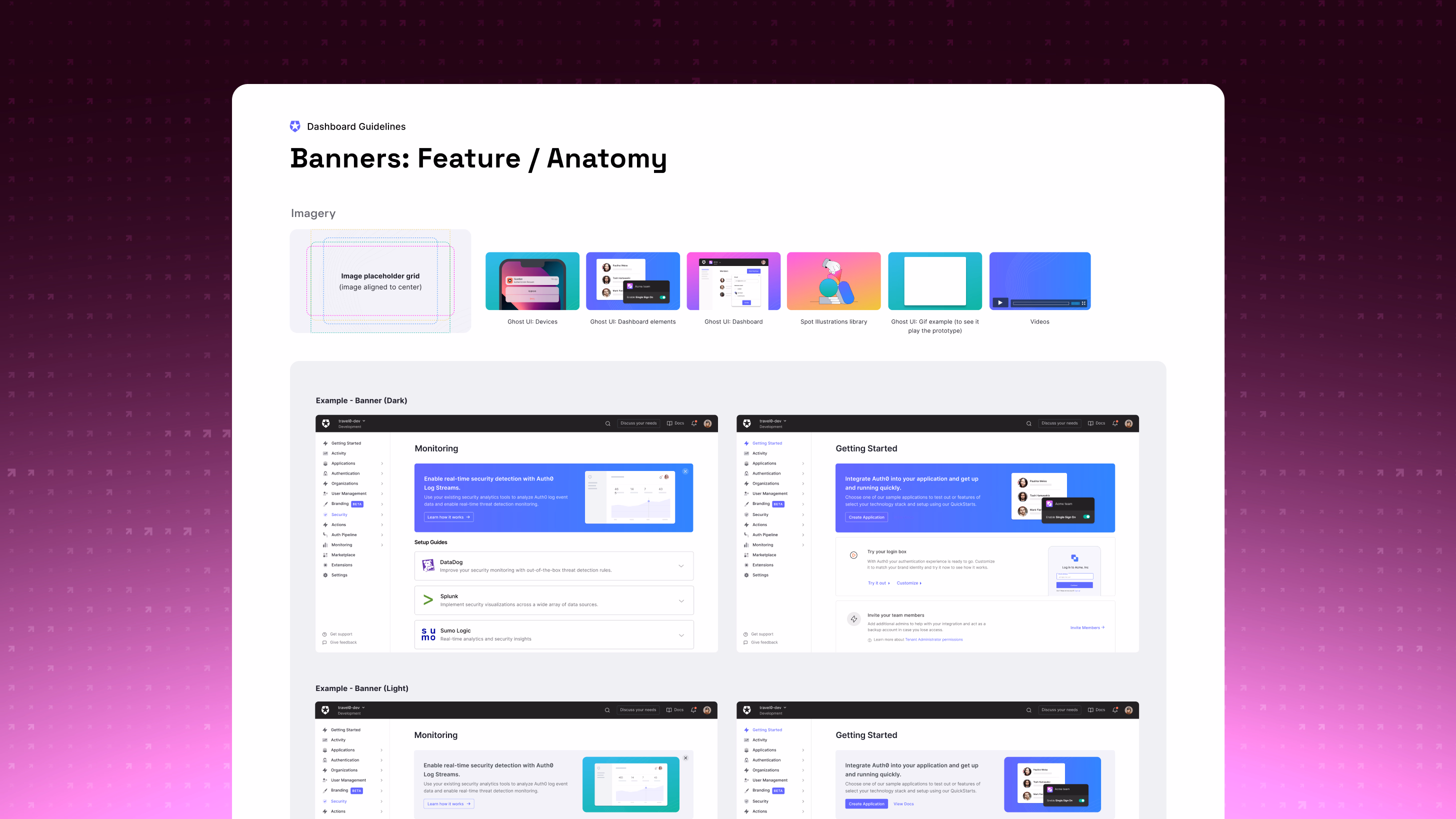 Imagery guidance for feature banners — an image placeholder grid alongside a library of Ghost UI device, dashboard-element, and full-dashboard treatments, spot illustrations, GIFs, and videos — with dark and light banner examples assembled in the dashboard.