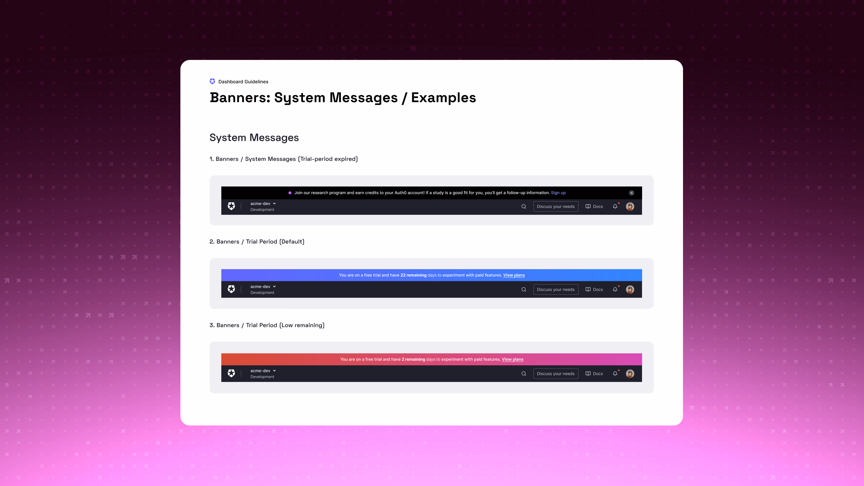 System-message banner examples stacked above the dashboard top bar: a dark research-program invitation, a blue default trial banner with days remaining, and a red-to-magenta low-remaining trial banner.