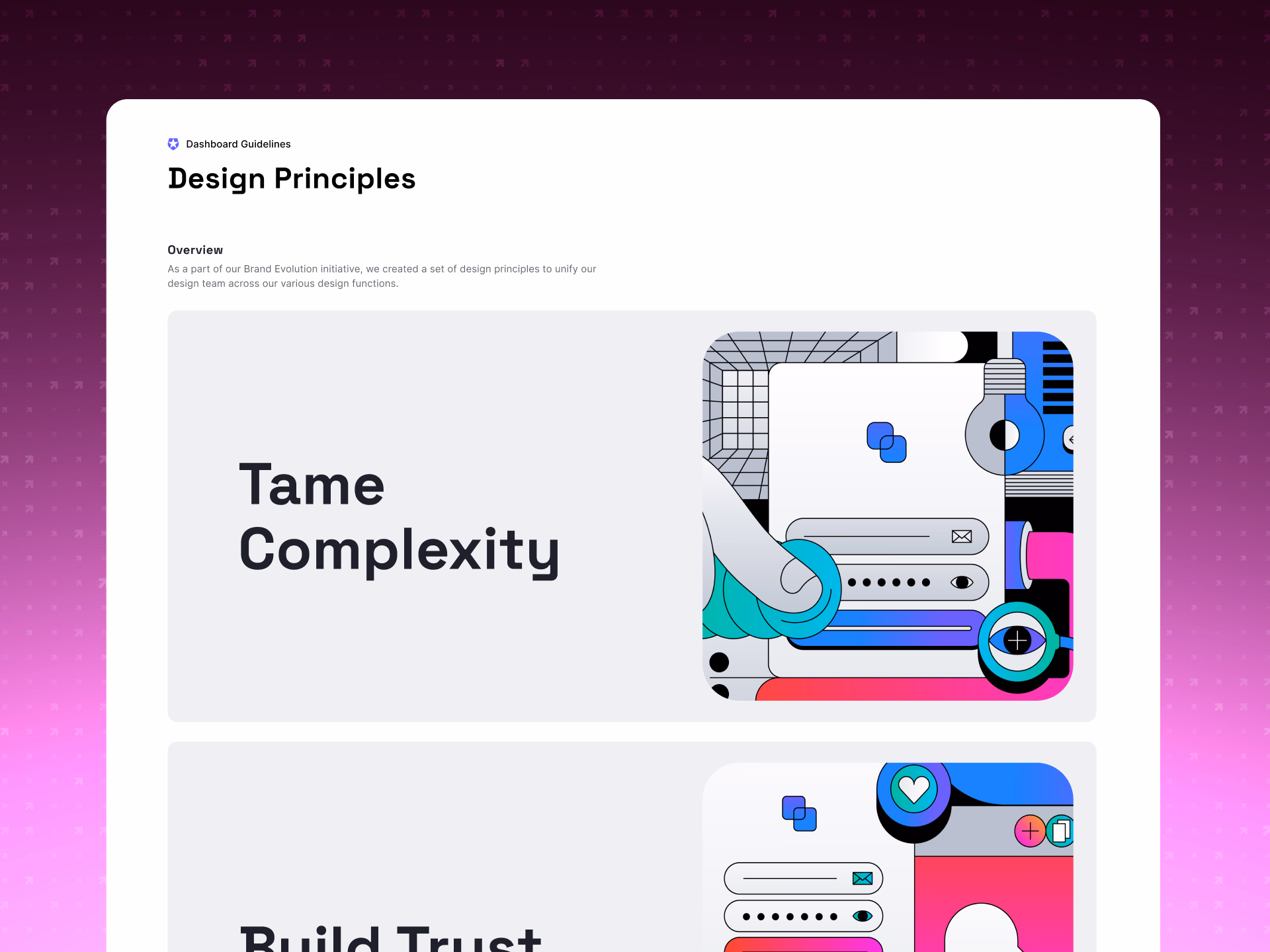 Design Principles page from the dashboard guidelines, presenting illustrated principle cards — Tame Complexity and Build Trust — built from the brand's bold geometric illustration style.