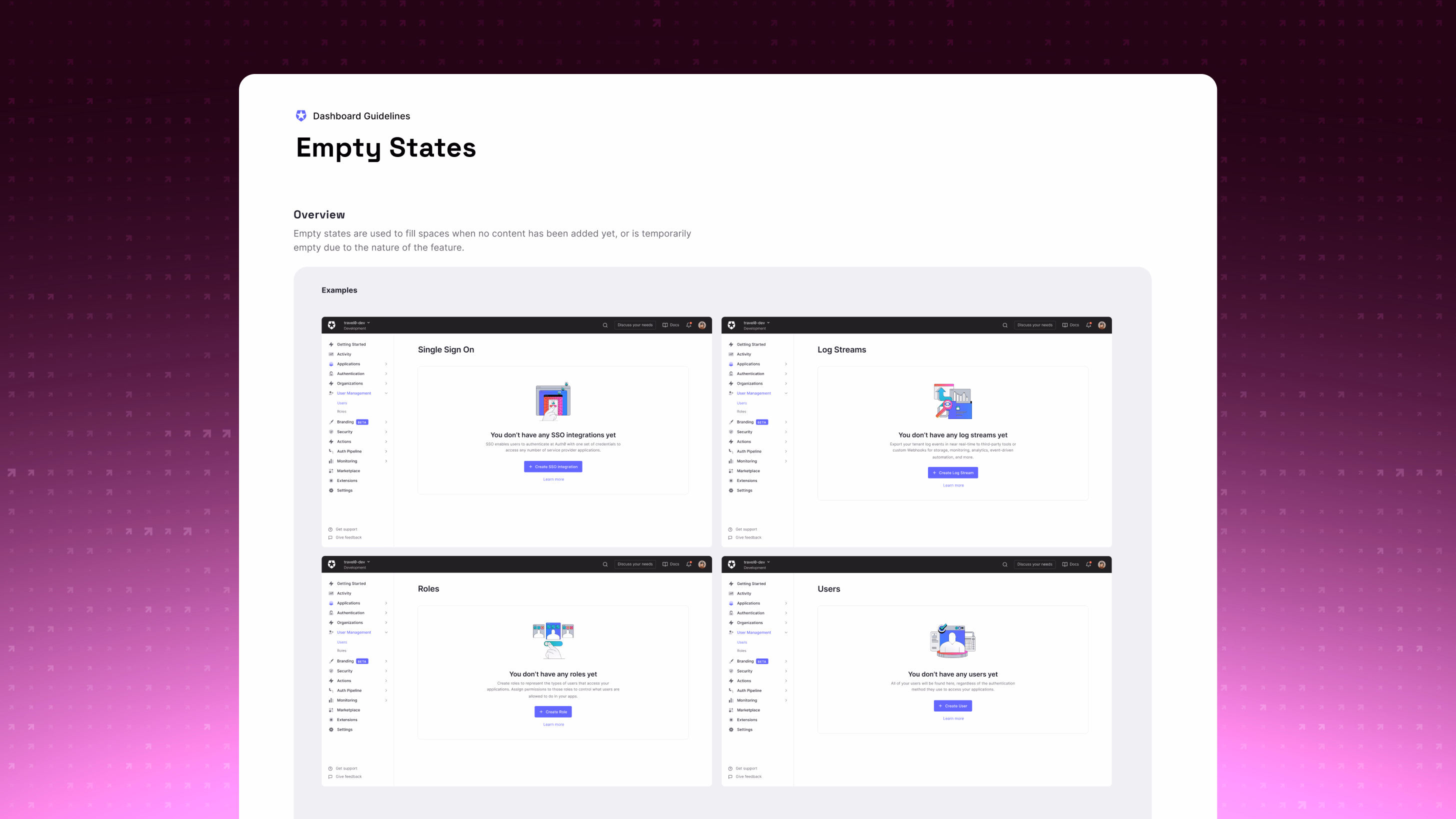 Empty-state examples across the Auth0 dashboard — Single Sign On, Log Streams, Roles, and Users — each pairing a spot illustration with an explanatory line and a primary call-to-action button.