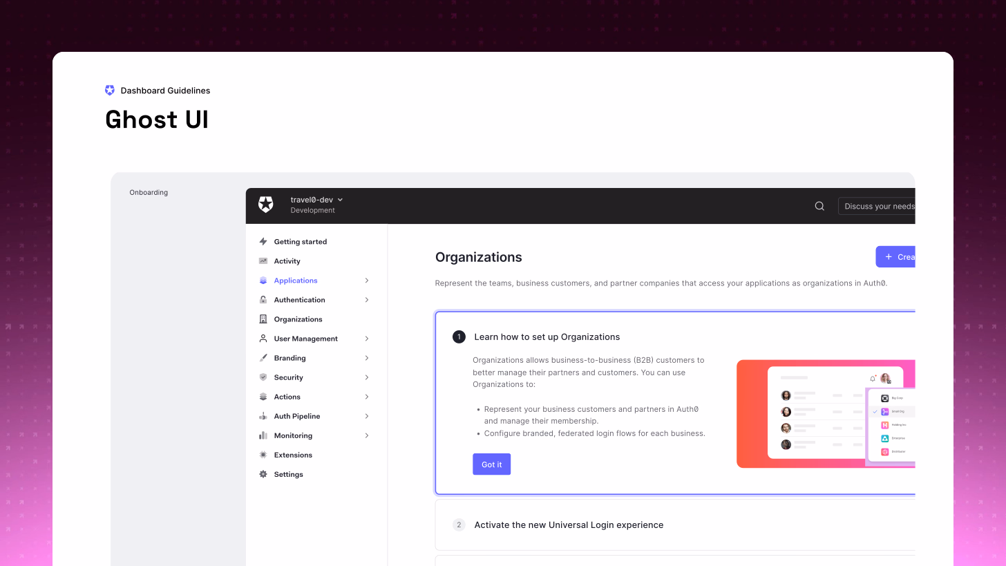 A feature-onboarding callout inside the Organizations page, highlighted with an indigo border and a numbered step, walking the user through setting up Organizations without blocking the surrounding task.