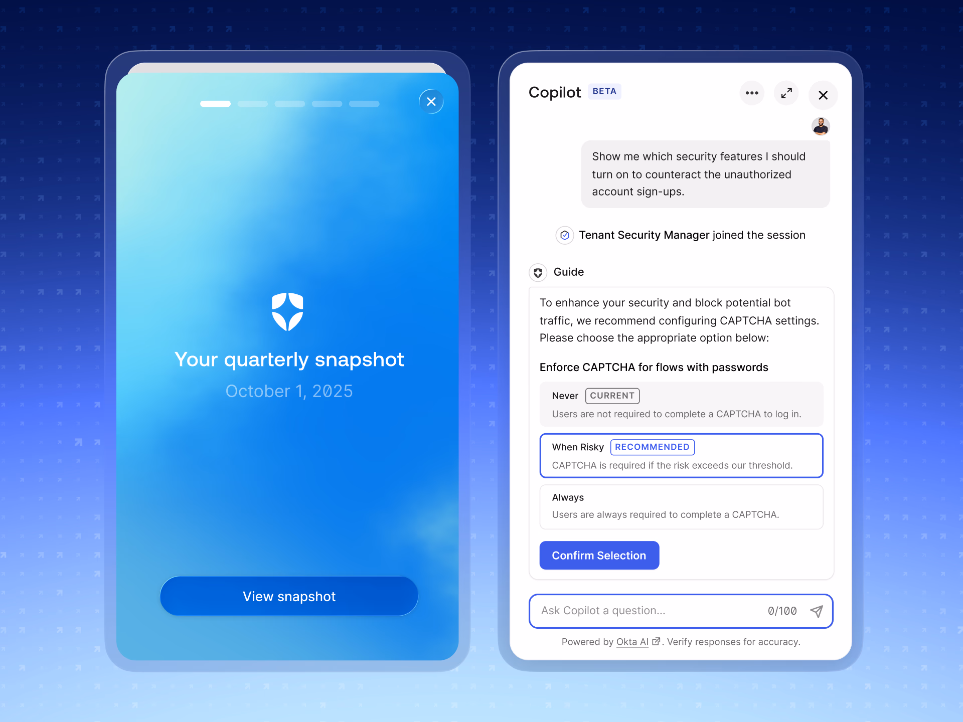 Two Guide panels: a 'Your quarterly snapshot' report card dated October 1, 2025 with a 'View snapshot' button; and a conversation where a user asks which security features to turn on to stop unauthorized account sign-ups, the Tenant Security Manager joins the session to help, and Guide recommends turning on adaptive 'When Risky' CAPTCHA with a 'Confirm Selection' button.
