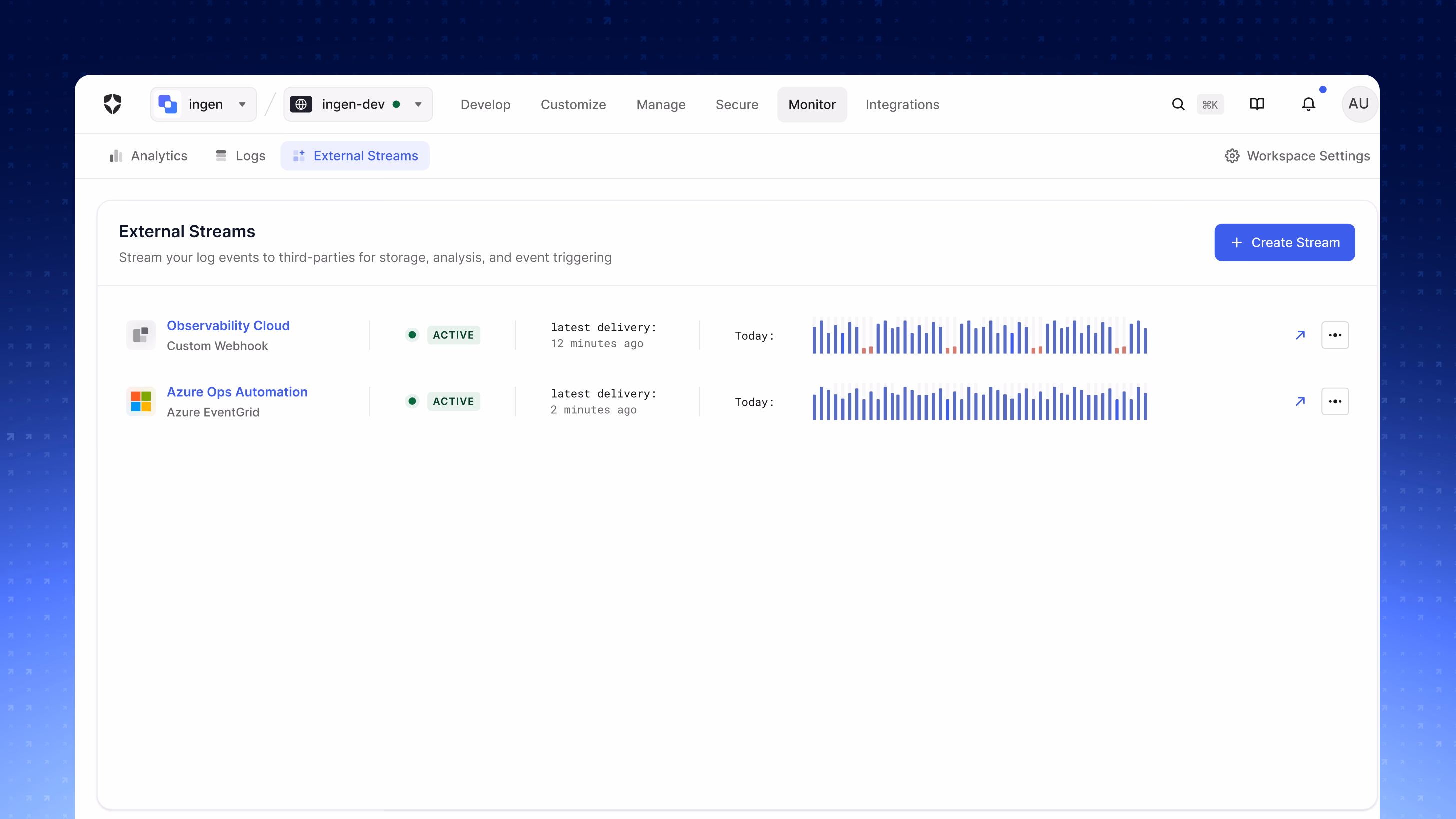 The External Streams page with two active streams, Observability Cloud on a custom webhook and Azure Ops Automation on Azure EventGrid, each showing an active status, latest delivery time, and a sparkline of today's delivery volume.