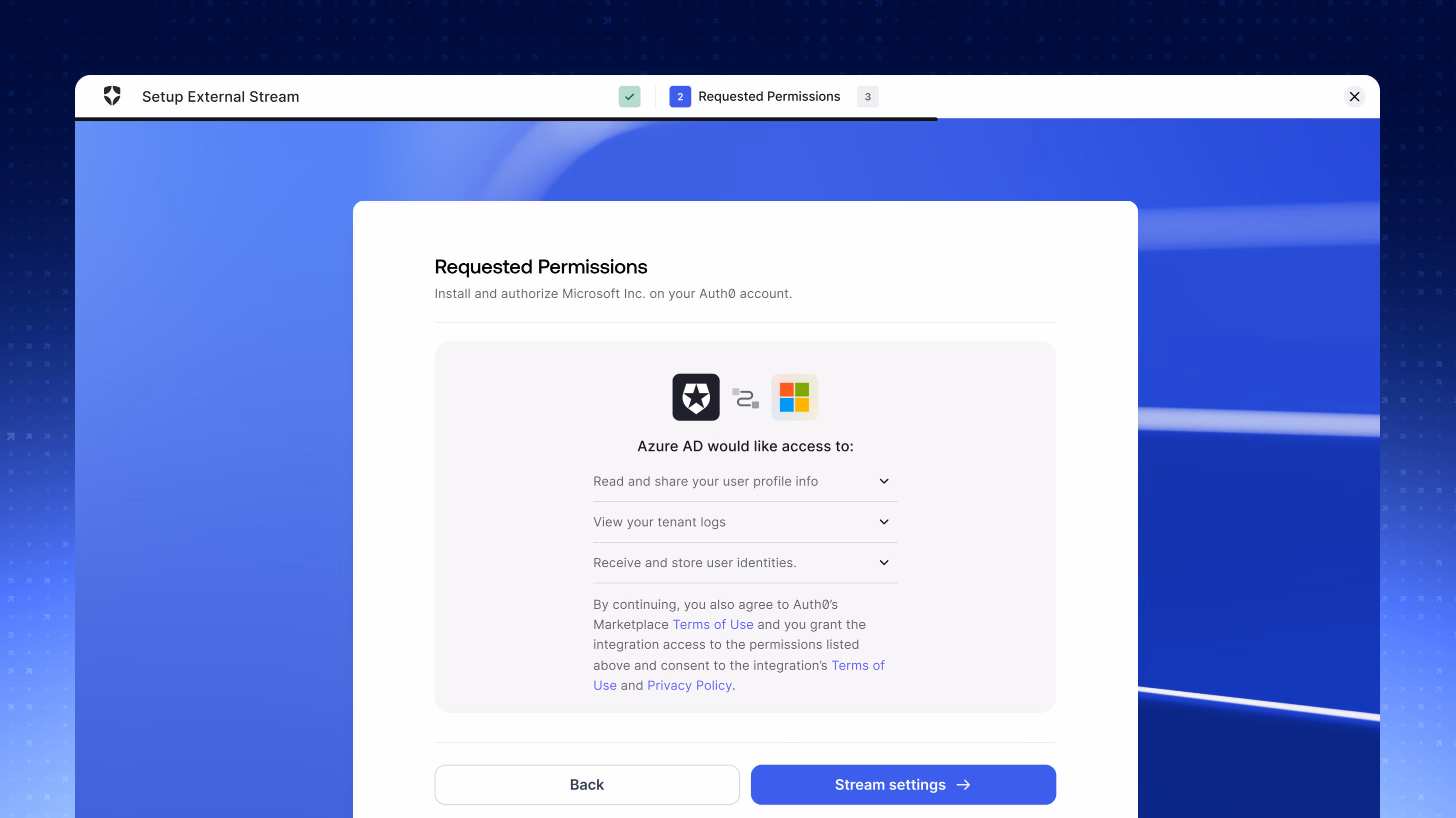 Step two of the wizard, Requested Permissions, showing the integration requesting to read user profile info, view tenant logs, and receive and store user identities, with Back and Stream settings buttons.