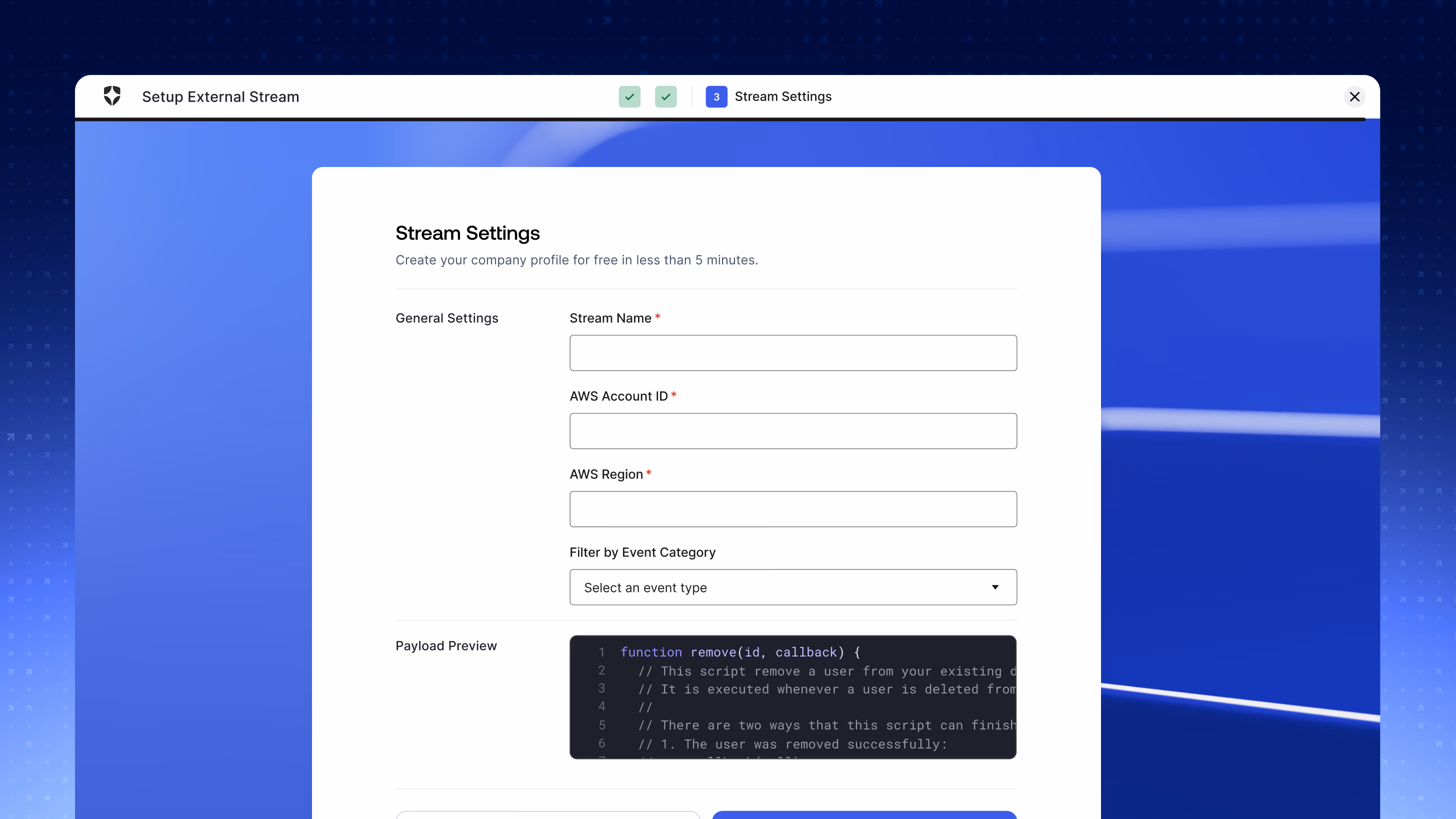 Step three of the wizard, Stream Settings, with a general settings form for stream name, AWS account ID, and AWS region, a Filter by Event Category dropdown, and a payload preview panel showing the event JSON.